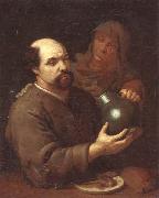 A man seated at a table holding a flagon,a servant offering him a glass of wine unknow artist